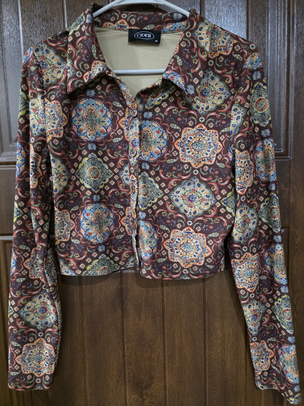 Cider Brown Multicolor Medallion Button-Front Crop Shirt
